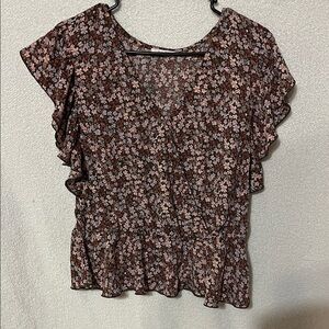 Maurices Floral Ruffle Sleeve Blouse - Black and Pink